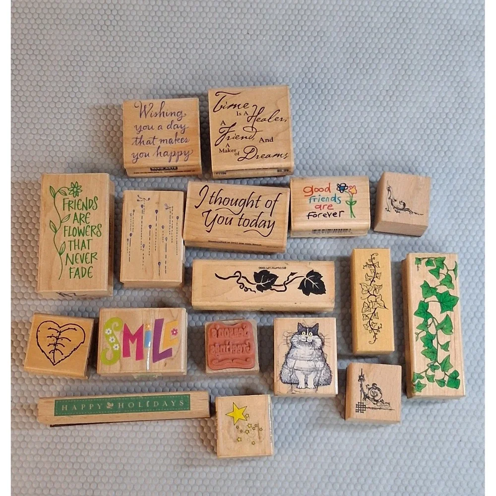 Vintage Wood Block Rubber Stamp Lot of 17 - Mixed Brands Crafting Scrapbook Card